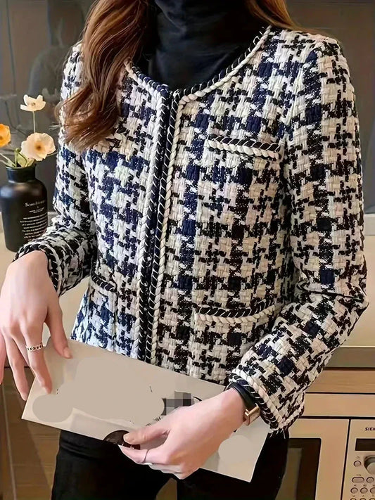 Öppen jacka med långa ärmar och houndstooth-mönster - Rut