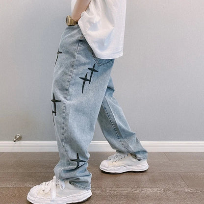 Korsbroderade retrotvättade baggy jeans för män - Jon