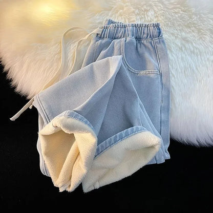 Sammetsfodrade jeans med vida ben och resår i midjan - Carine