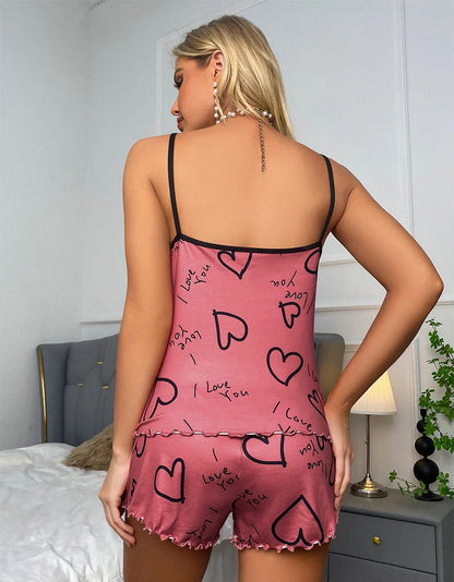 Heart Print Camisole, Shorts Sovkläder Pyjamas Set - Aslaug