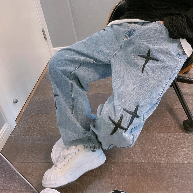 Korsbroderade retrotvättade baggy jeans för män - Jon