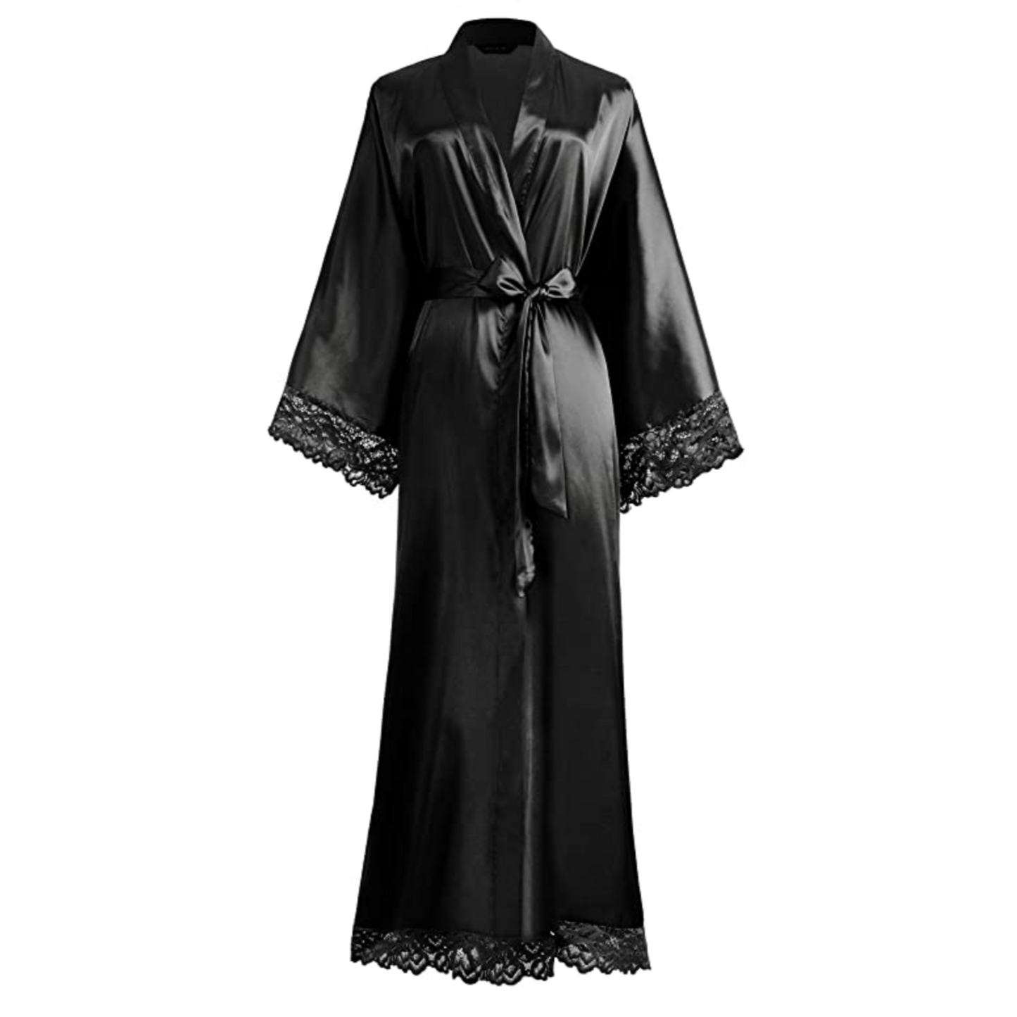Lång satinpeignoir med spetsfinish - Elina