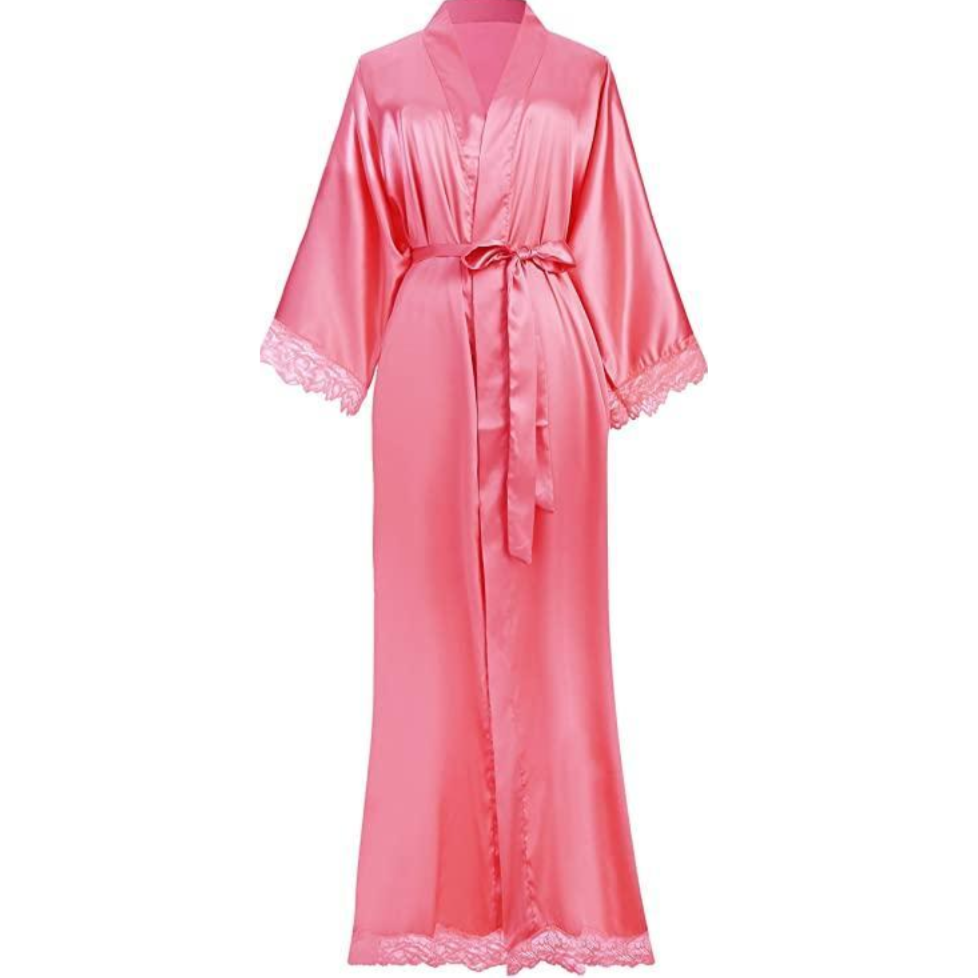 Lång satinpeignoir med spetsfinish - Elina