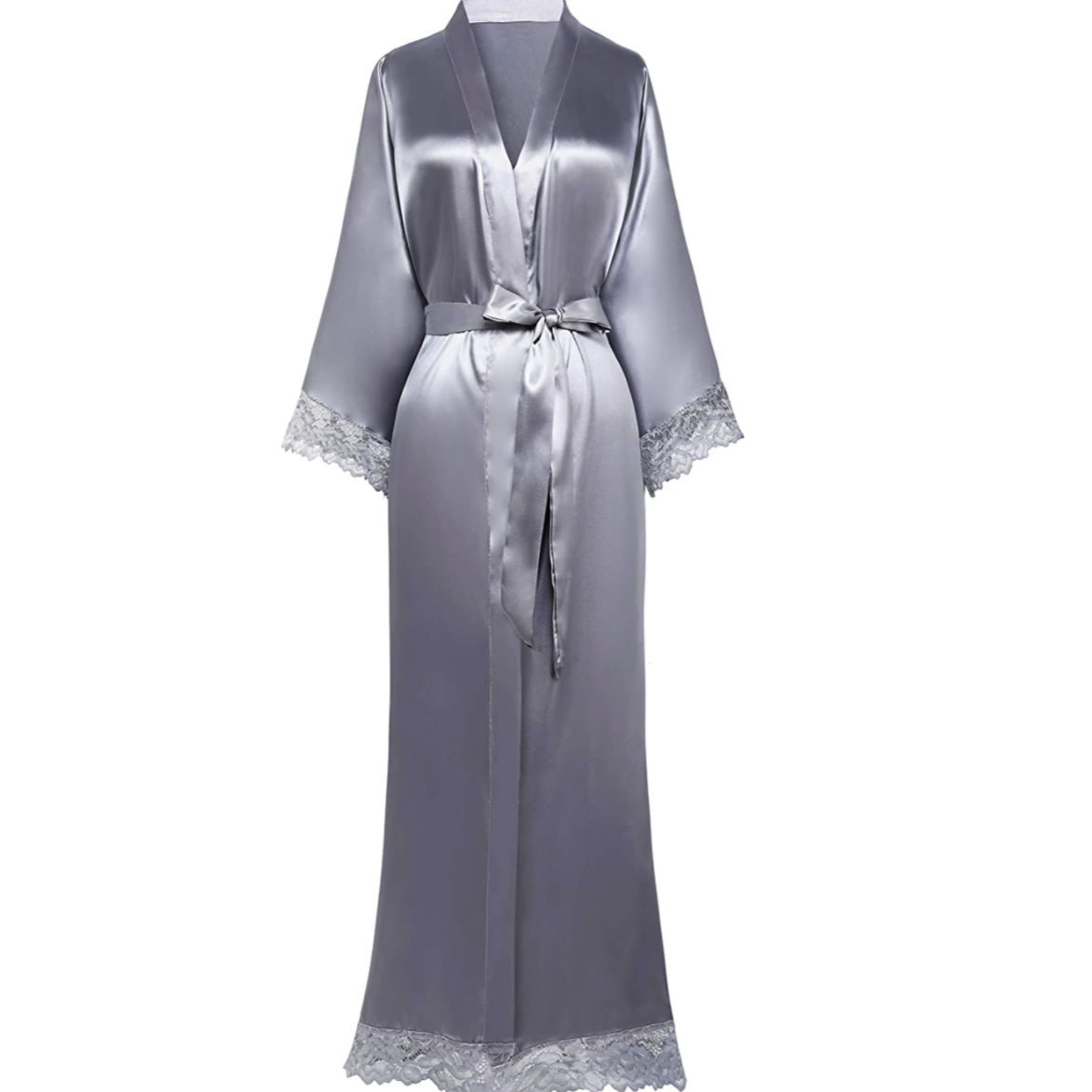 Lång satinpeignoir med spetsfinish - Elina